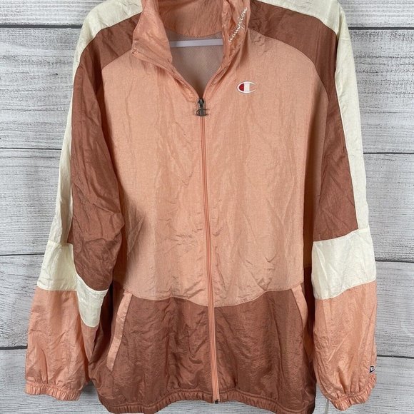 UNISEX Champion Zip Up Nylon Windbreaker Jacket Peach BrownWhite Vintage Retro L - Picture 1 of 5